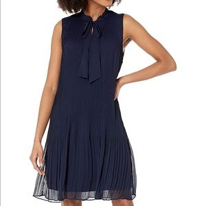 DKNY Split Tie V-Neck Sleeveless Pleated Chiffon Trapeze Dress